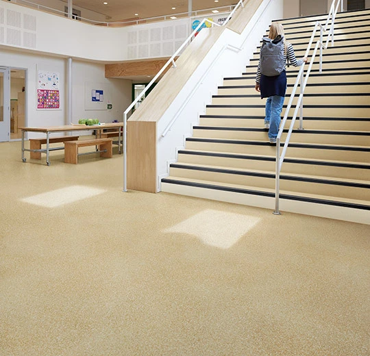 Verlegebild heterogener Vinylbelag, Modul UP Compact Champagne Halo, PVC-Boden als Bahnenware, homogen und heterogen